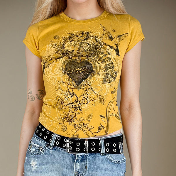 Y2K Graphic Heart Tee in Yellow with Vintage Print - Vedlit