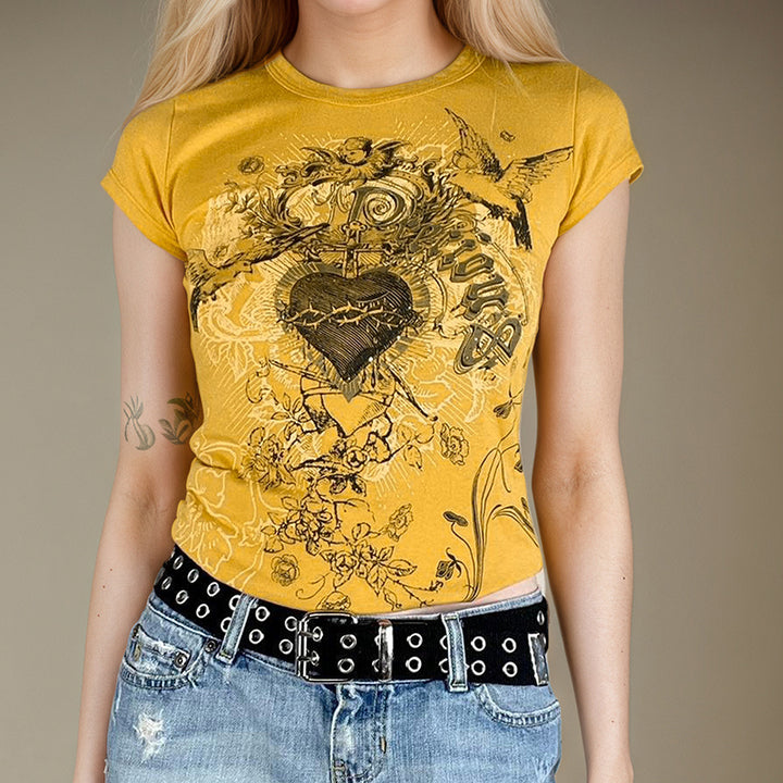 Y2K Graphic Heart Tee in Yellow with Vintage Print - Vedlit