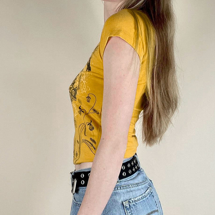Y2K Graphic Heart Tee in Yellow with Vintage Print - Vedlit