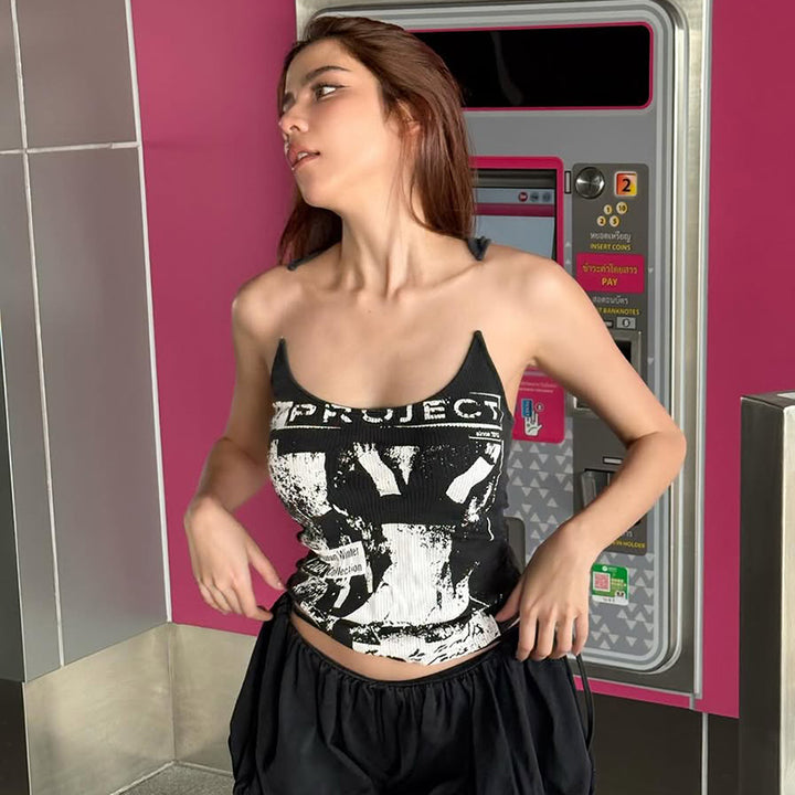 Y2K Grunge Graphic Print Ribbed Cami Top Streetwear - Vedlit