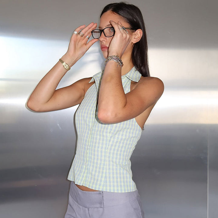 Y2K Halter Neck Plaid Button-Up Blouse Top - Vedlit