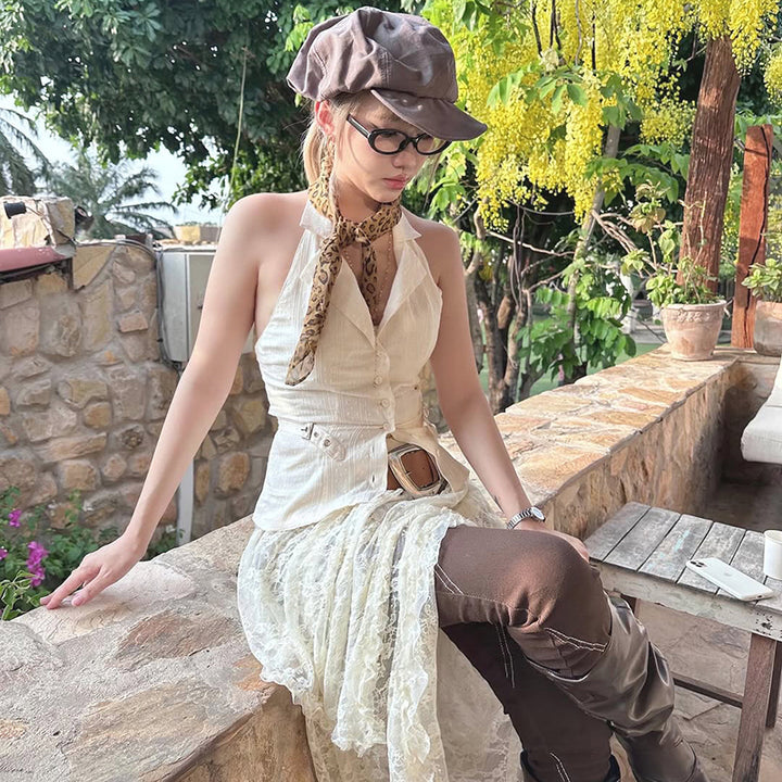 Y2K Halter Waistcoat Vest with Lace-Up Back Detail - Vedlit