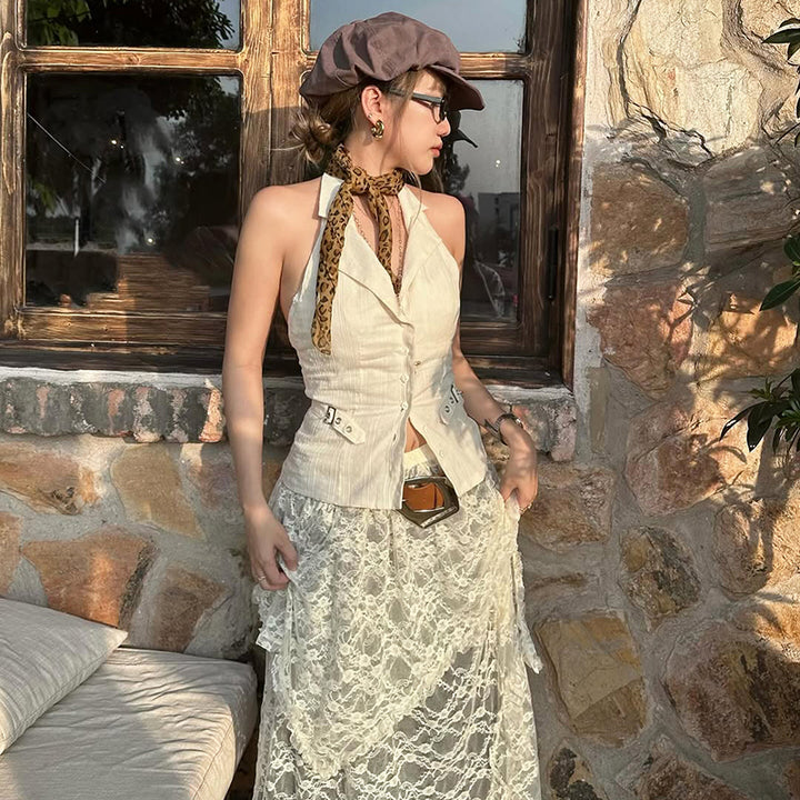 Y2K Halter Waistcoat Vest with Lace-Up Back Detail - Vedlit