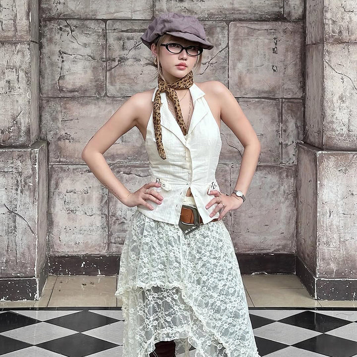 Y2K Halter Waistcoat Vest with Lace-Up Back Detail - Vedlit