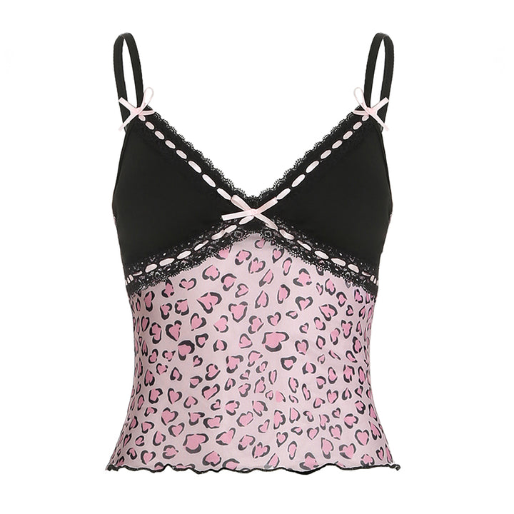 Y2K Lace Trim Leopard Print Cami Top with Bows - Vedlit