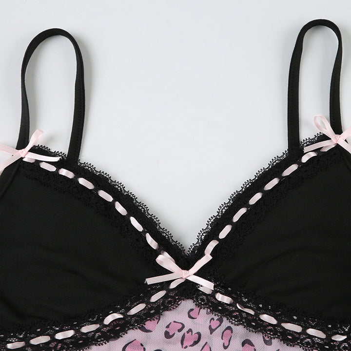 Y2K Lace Trim Leopard Print Cami Top with Bows - Vedlit