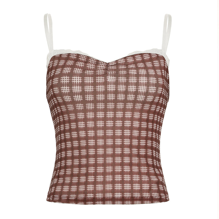 Y2K Lace Trim Plaid Mesh Camisole Top - Vedlit