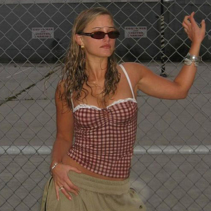 Y2K Lace Trim Plaid Mesh Camisole Top - Vedlit