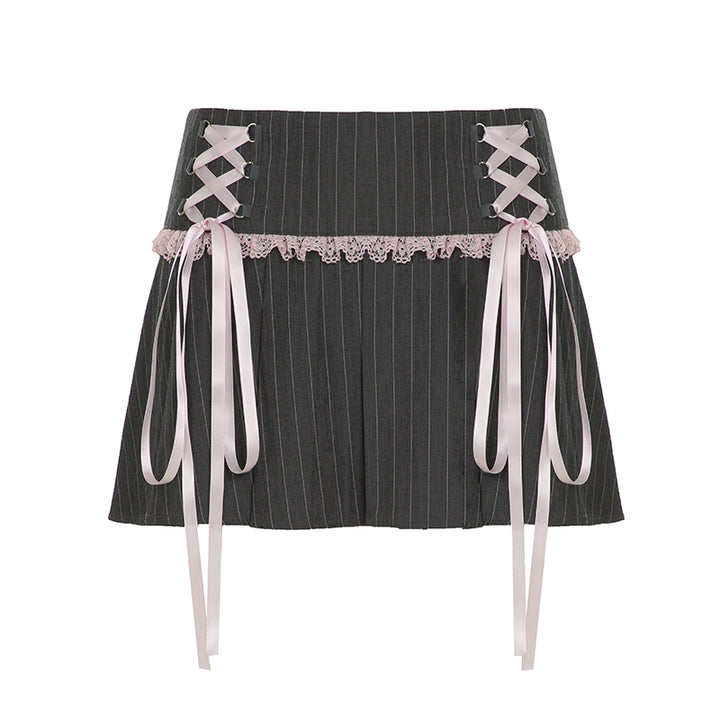 Y2K Lace-Up Pinstripe Pleated Mini Skort with Bows - Vedlit