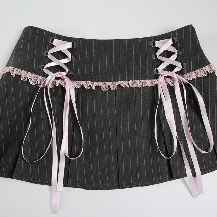 Y2K Lace-Up Pinstripe Pleated Mini Skort with Bows - Vedlit