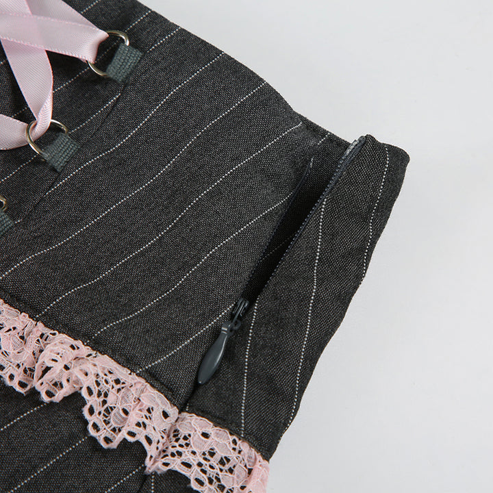 Y2K Lace-Up Pinstripe Pleated Mini Skort with Bows - Vedlit