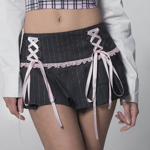Y2K Lace-Up Pinstripe Pleated Mini Skort with Bows - Vedlit