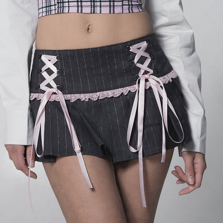 Y2K Lace-Up Pinstripe Pleated Mini Skort with Bows - Vedlit
