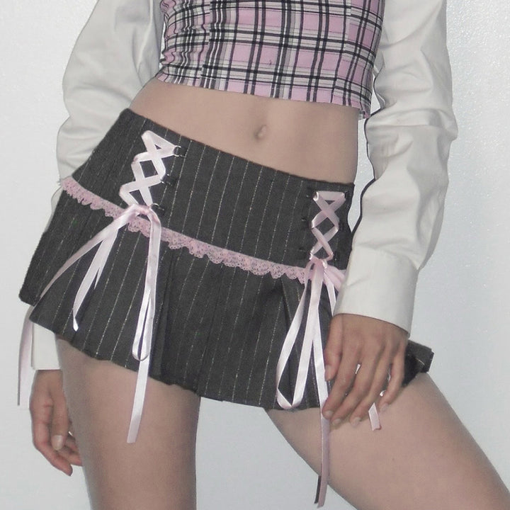 Y2K Lace-Up Pinstripe Pleated Mini Skort with Bows - Vedlit
