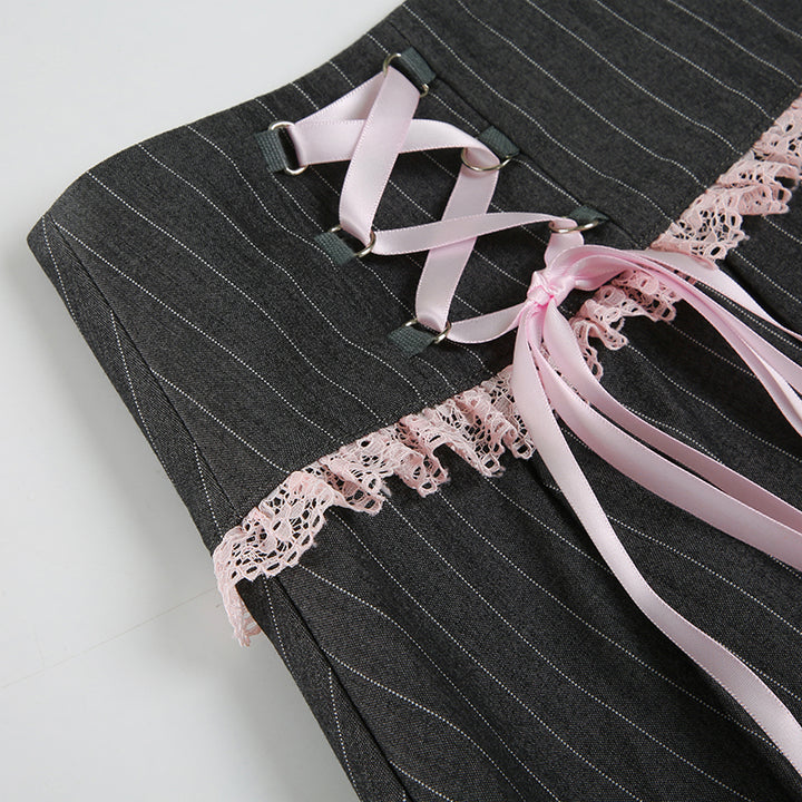 Y2K Lace-Up Pinstripe Pleated Mini Skort with Bows - Vedlit