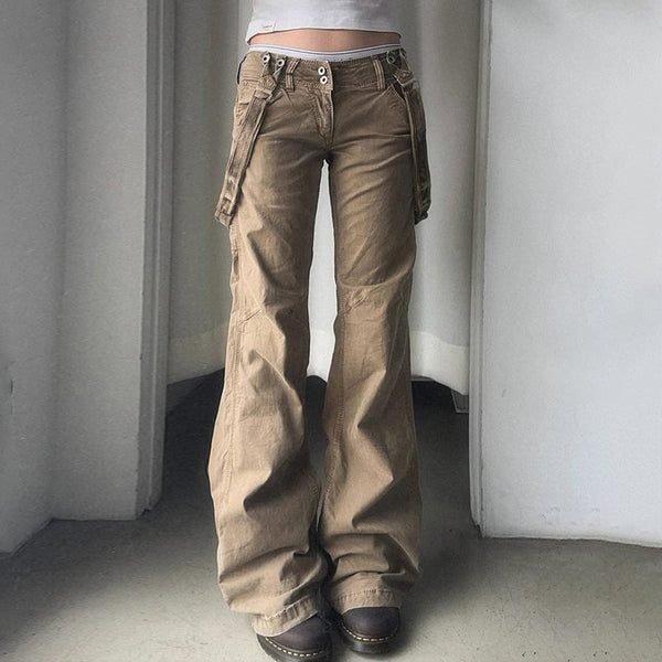 Y2K Low Rise Cargo Flare Pants with Buckle Detail - Vedlit