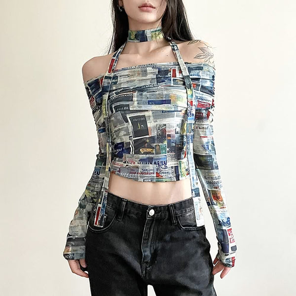 Y2K Newspaper Print Off The Shoulder Long Sleeve Crop Top - Vedlit