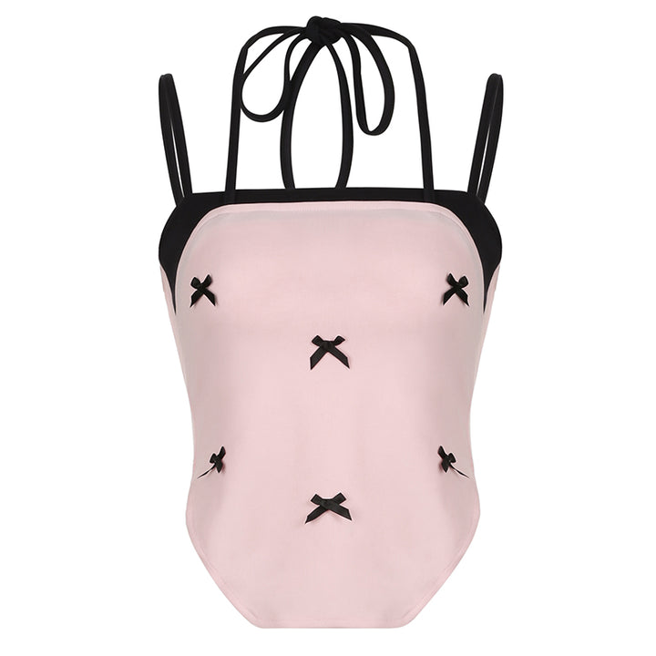 Y2K Pink Bow Detail Halter Crop Top with Contrast Trim - Vedlit