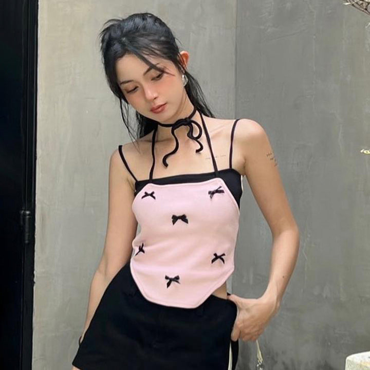 Y2K Pink Bow Detail Halter Crop Top with Contrast Trim - Vedlit