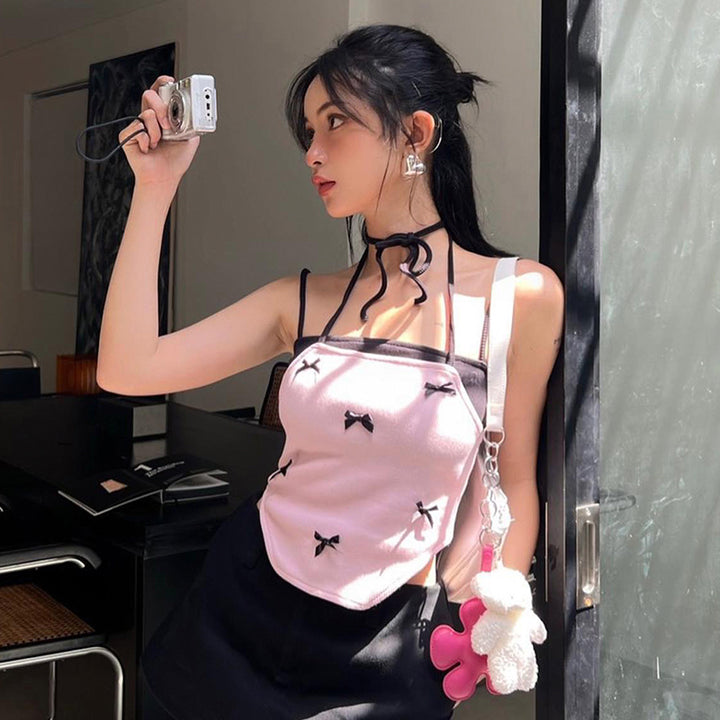Y2K Pink Bow Detail Halter Crop Top with Contrast Trim - Vedlit