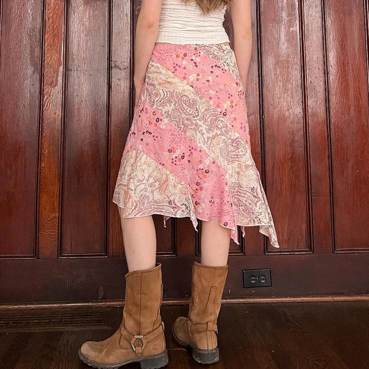 Y2K Pink Patchwork Handkerchief Hem Skirt - Vedlit