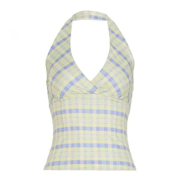 Y2K Plaid Halter Neck Crop Top Vintage Aesthetic Style - Vedlit