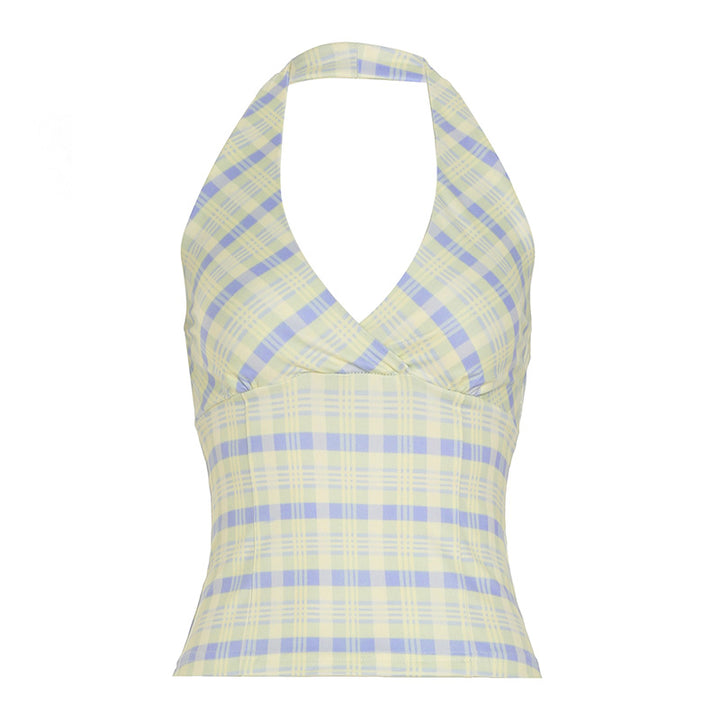 Y2K Plaid Halter Neck Crop Top Vintage Aesthetic Style - Vedlit
