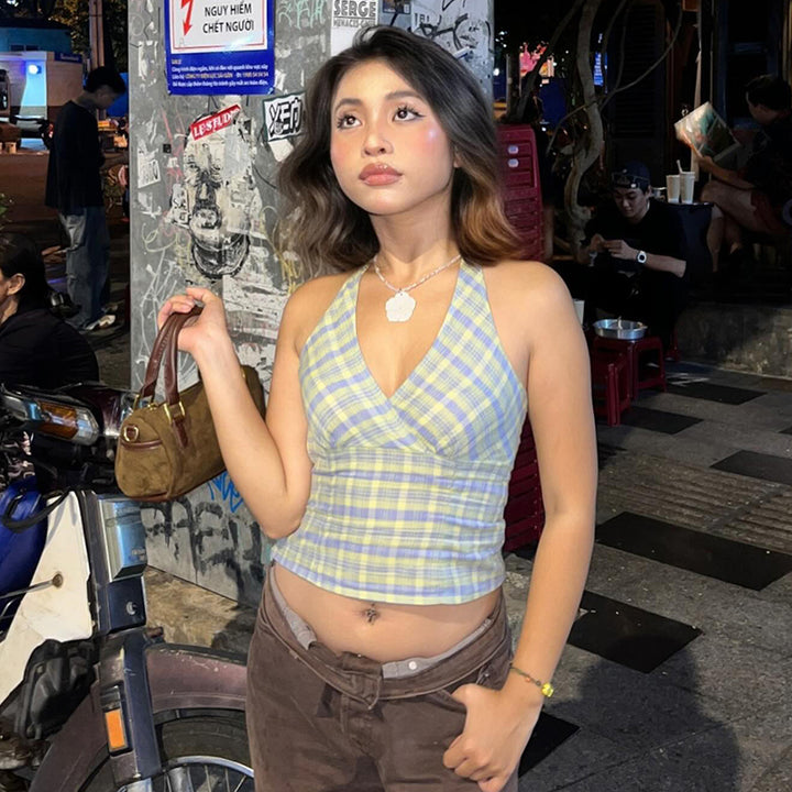 Y2K Plaid Halter Neck Crop Top Vintage Aesthetic Style - Vedlit