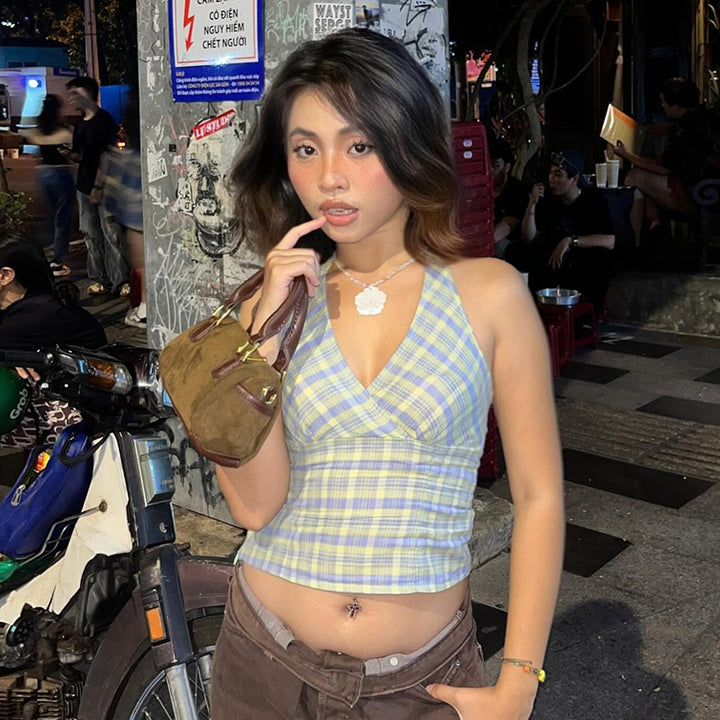 Y2K Plaid Halter Neck Crop Top Vintage Aesthetic Style - Vedlit