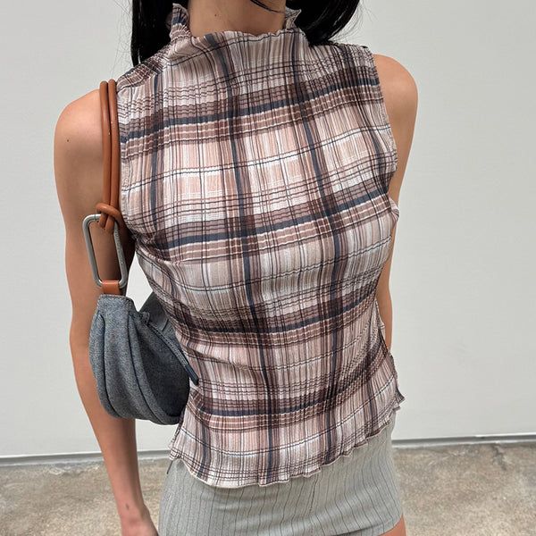 Y2K Plaid Sleeveless Mock Neck Top with Lettuce Hem - Vedlit