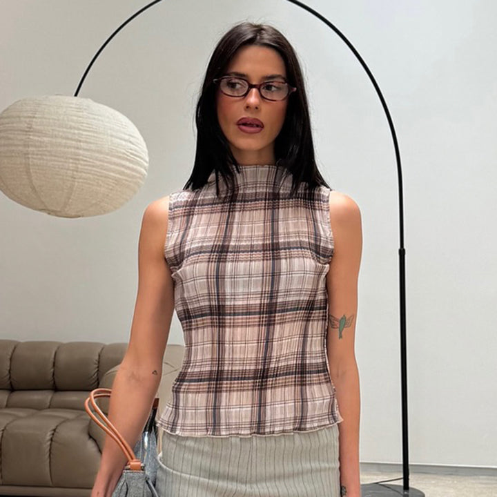 Y2K Plaid Sleeveless Mock Neck Top with Lettuce Hem - Vedlit
