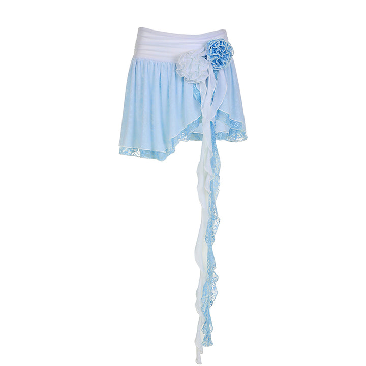 Y2K Ruffle Hem Floral Mini Skirt with Rosette Detail - Vedlit