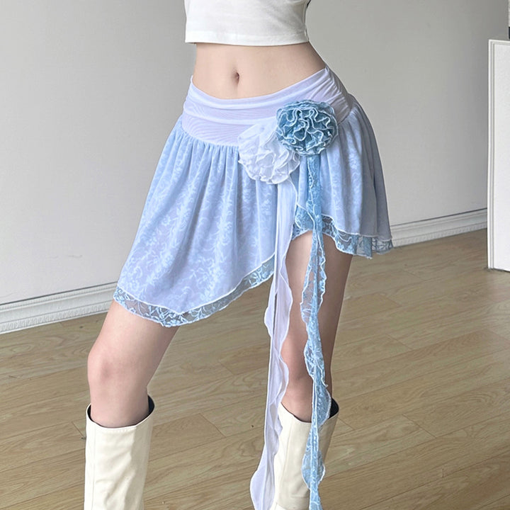 Y2K Ruffle Hem Floral Mini Skirt with Rosette Detail - Vedlit