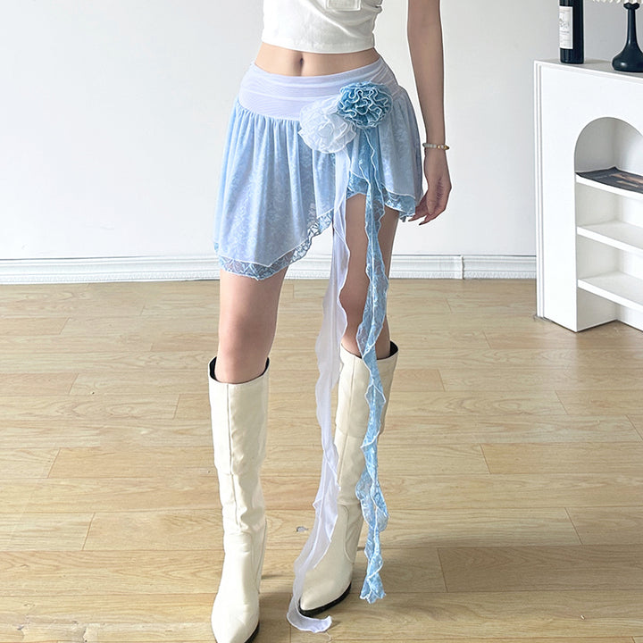 Y2K Ruffle Hem Floral Mini Skirt with Rosette Detail - Vedlit