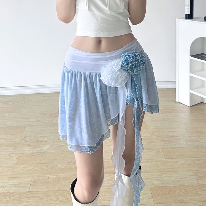 Y2K Ruffle Hem Floral Mini Skirt with Rosette Detail - Vedlit