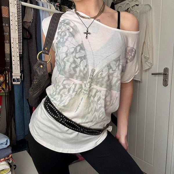 Y2K Sheer Butterfly Print Off-Shoulder Top - Vedlit