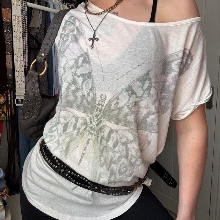 Y2K Sheer Butterfly Print Off-Shoulder Top - Vedlit