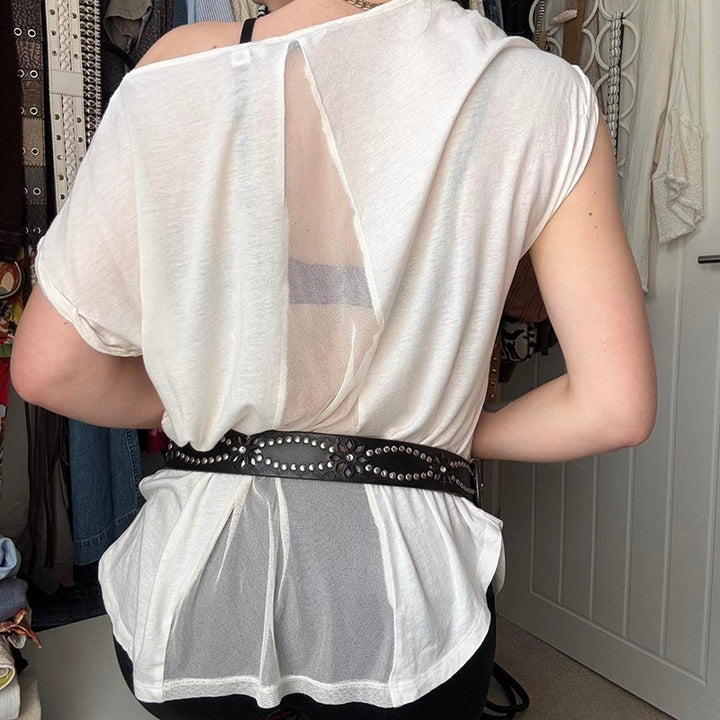 Y2K Sheer Butterfly Print Off-Shoulder Top - Vedlit