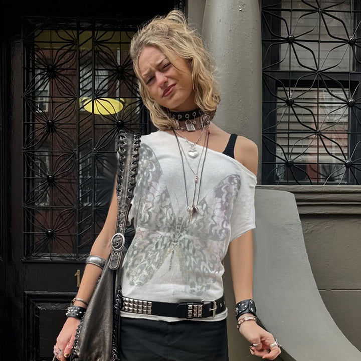Y2K Sheer Butterfly Print Off-Shoulder Top - Vedlit