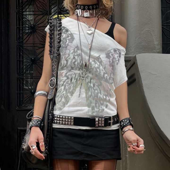 Y2K Sheer Butterfly Print Off-Shoulder Top - Vedlit