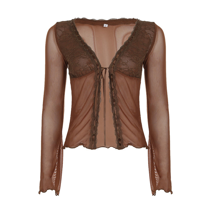Y2K Sheer Mesh Tie Front Lace Blouse in Mocha Brown - Vedlit