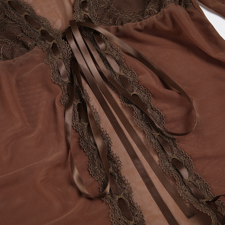 Y2K Sheer Mesh Tie Front Lace Blouse in Mocha Brown - Vedlit