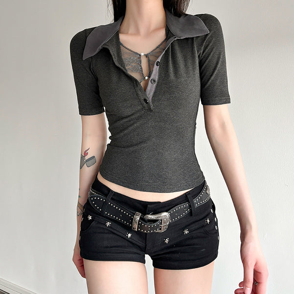 Y2K Slim Fit Polo Collar Button Top with Lace Detail - Vedlit