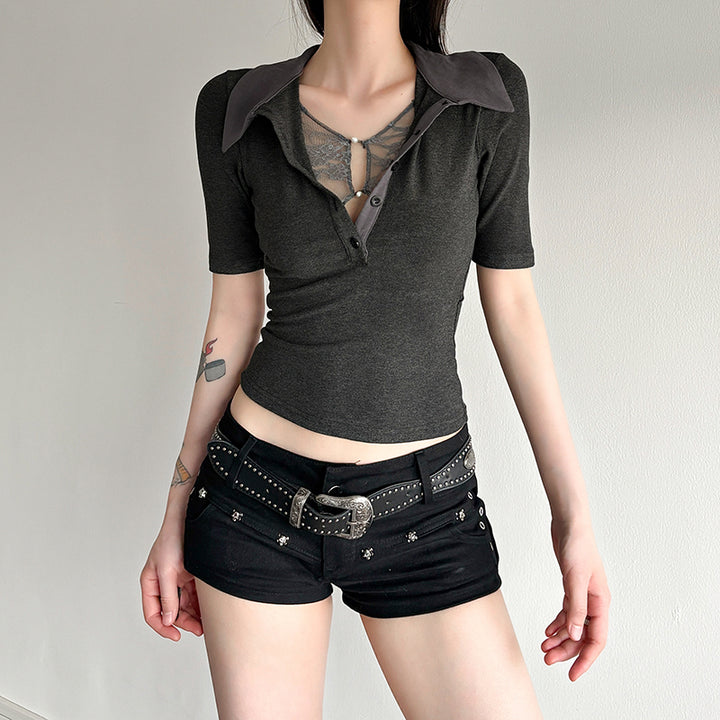 Y2K Slim Fit Polo Collar Button Top with Lace Detail - Vedlit