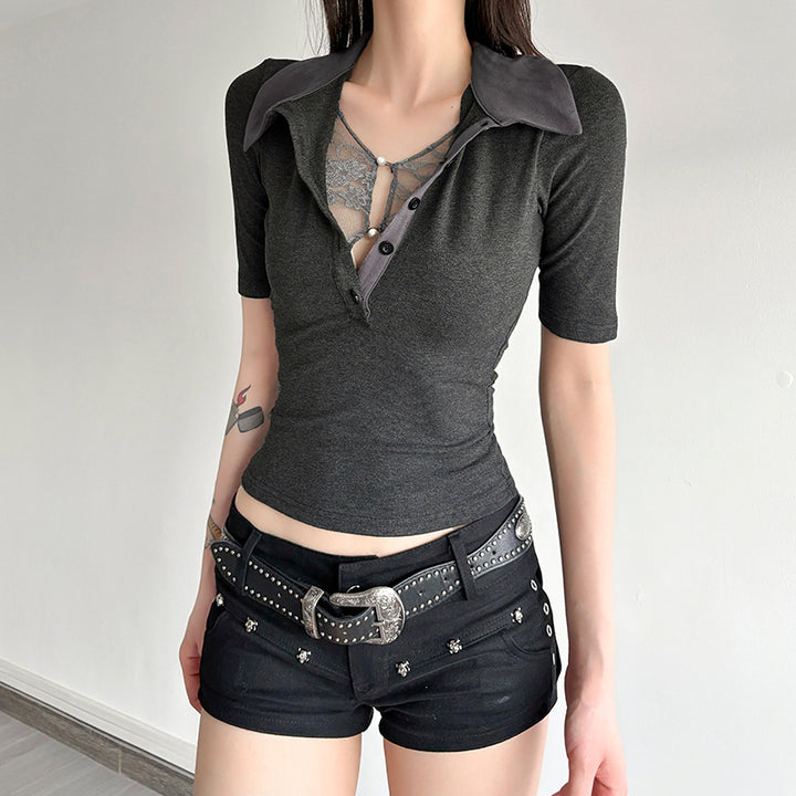 Y2K Slim Fit Polo Collar Button Top with Lace Detail - Vedlit