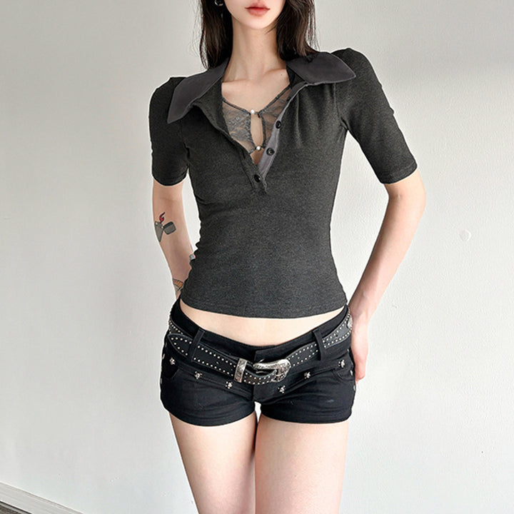Y2K Slim Fit Polo Collar Button Top with Lace Detail - Vedlit