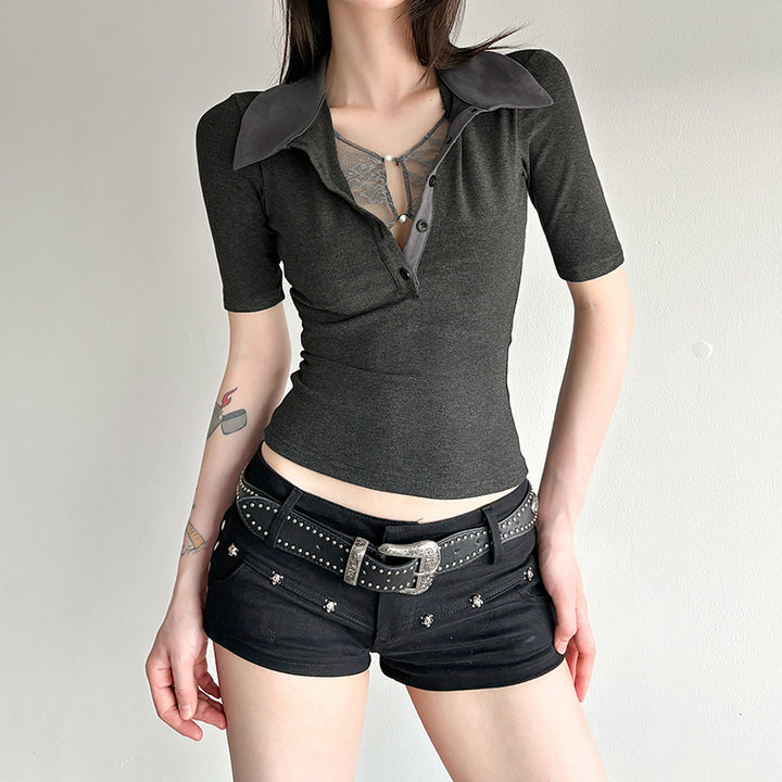 Y2K Slim Fit Polo Collar Button Top with Lace Detail - Vedlit