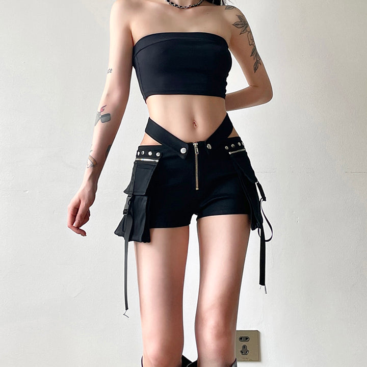 Y2K Strappy High-Waist Utility Shorts with Side Pockets - Vedlit