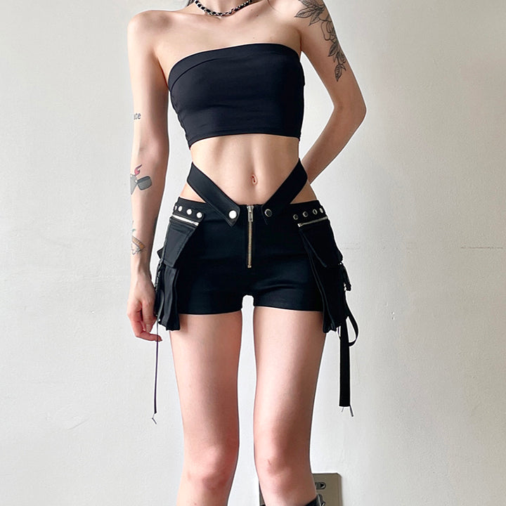 Y2K Strappy High-Waist Utility Shorts with Side Pockets - Vedlit