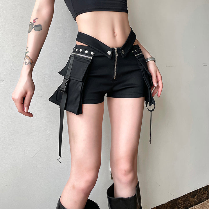 Y2K Strappy High-Waist Utility Shorts with Side Pockets - Vedlit